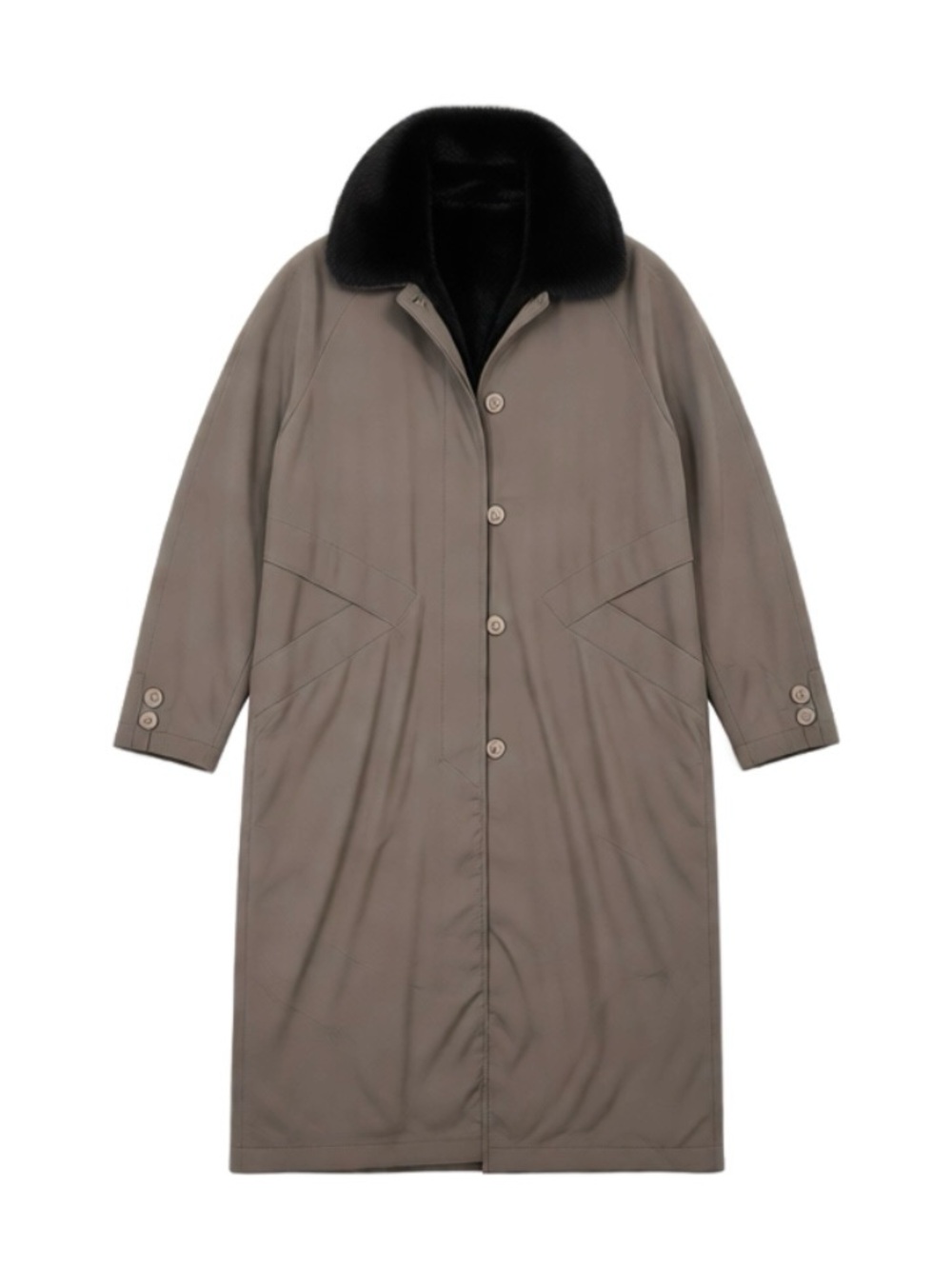 Men’s Genuine Removable Mink-Lined Long Coat Black Fur Collar Taupe Button Front